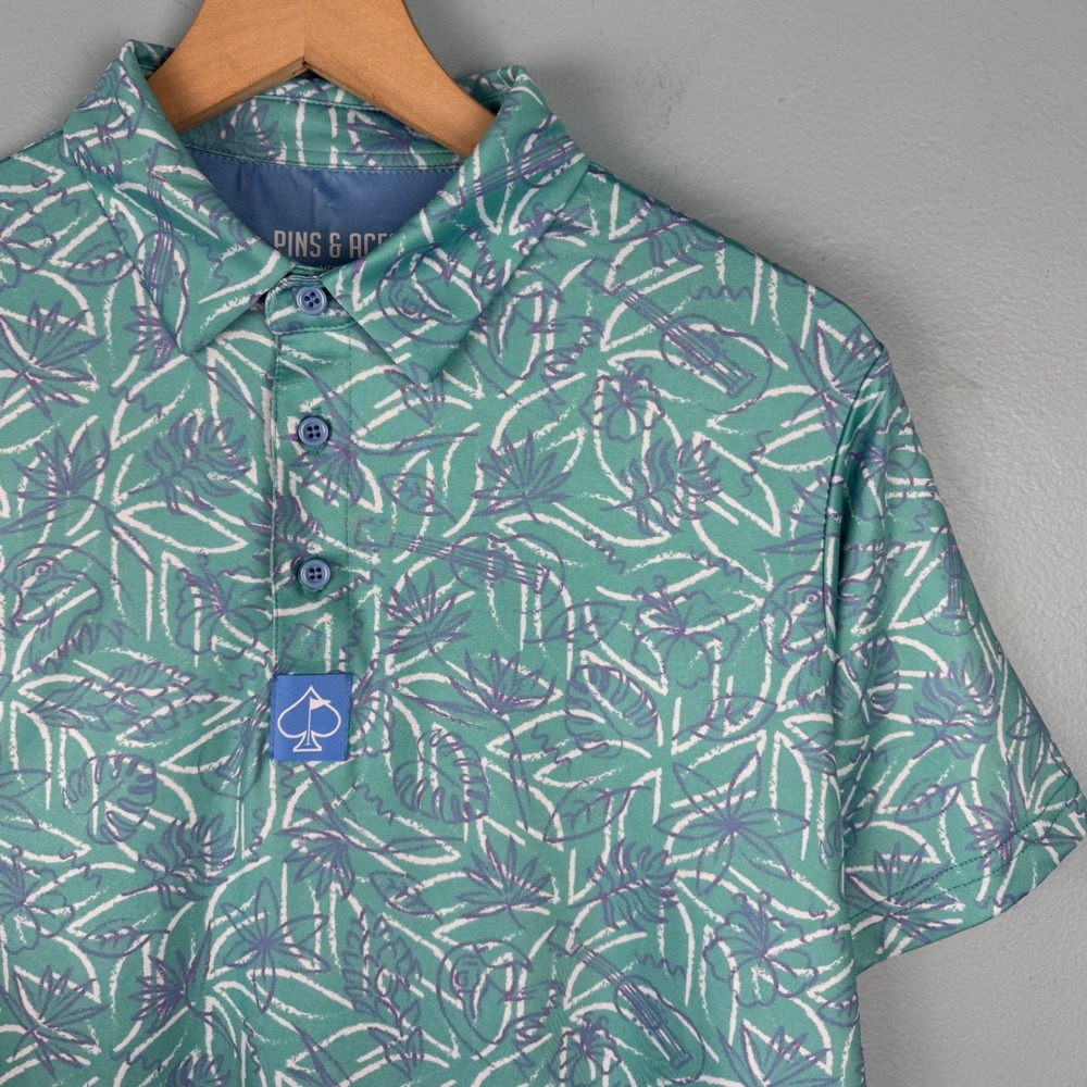 Pins & Aces Mens Medium Green Tropical Floral Performance Golf Polo Shirt Logo